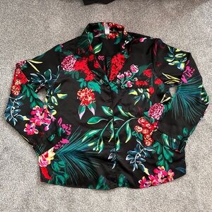 stars above Black Floral Satin Button-Up with Red and Green Print